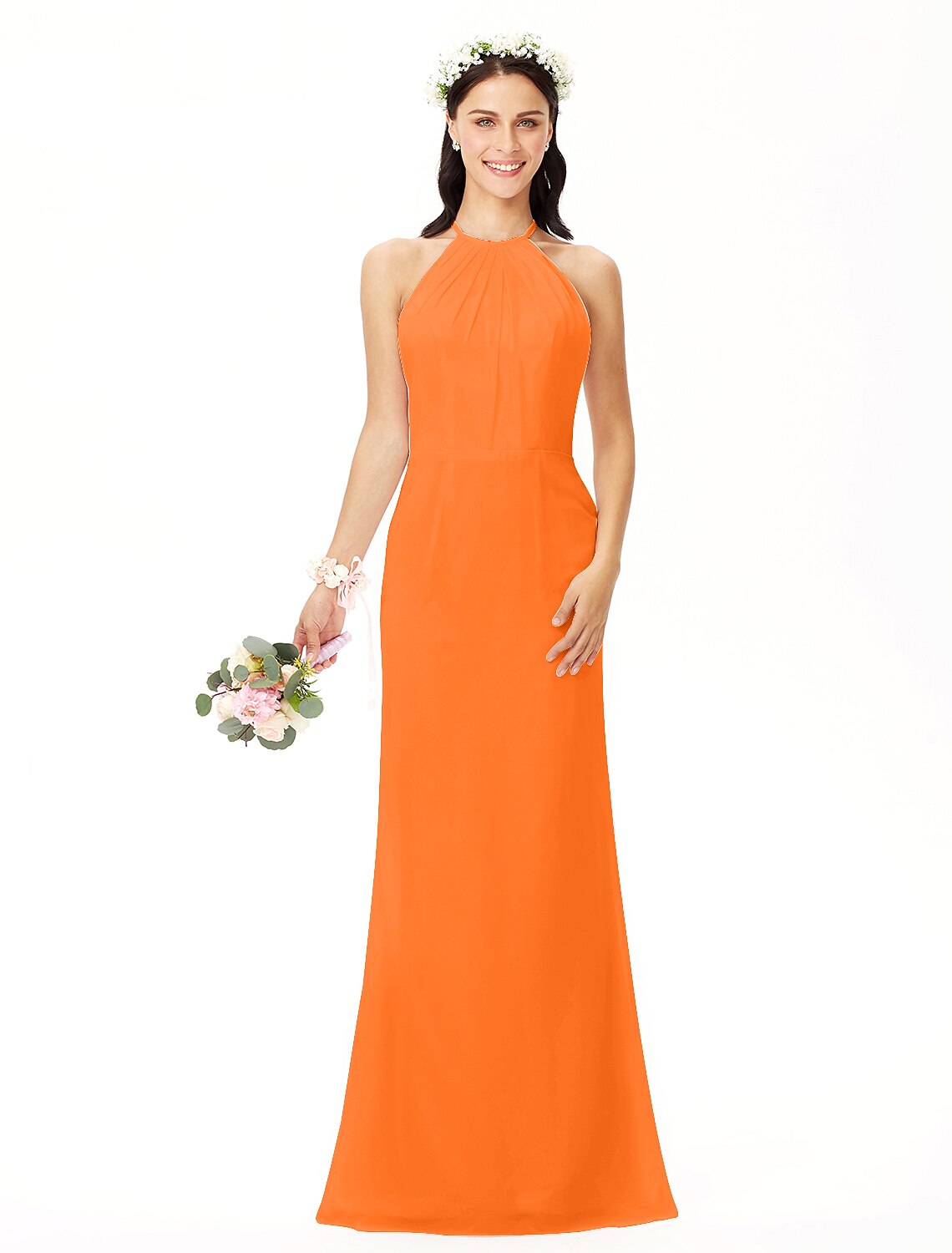 Elegant Sheath Jewel Neck Pleated Chiffon Floor Length Bridesmaid Dress.