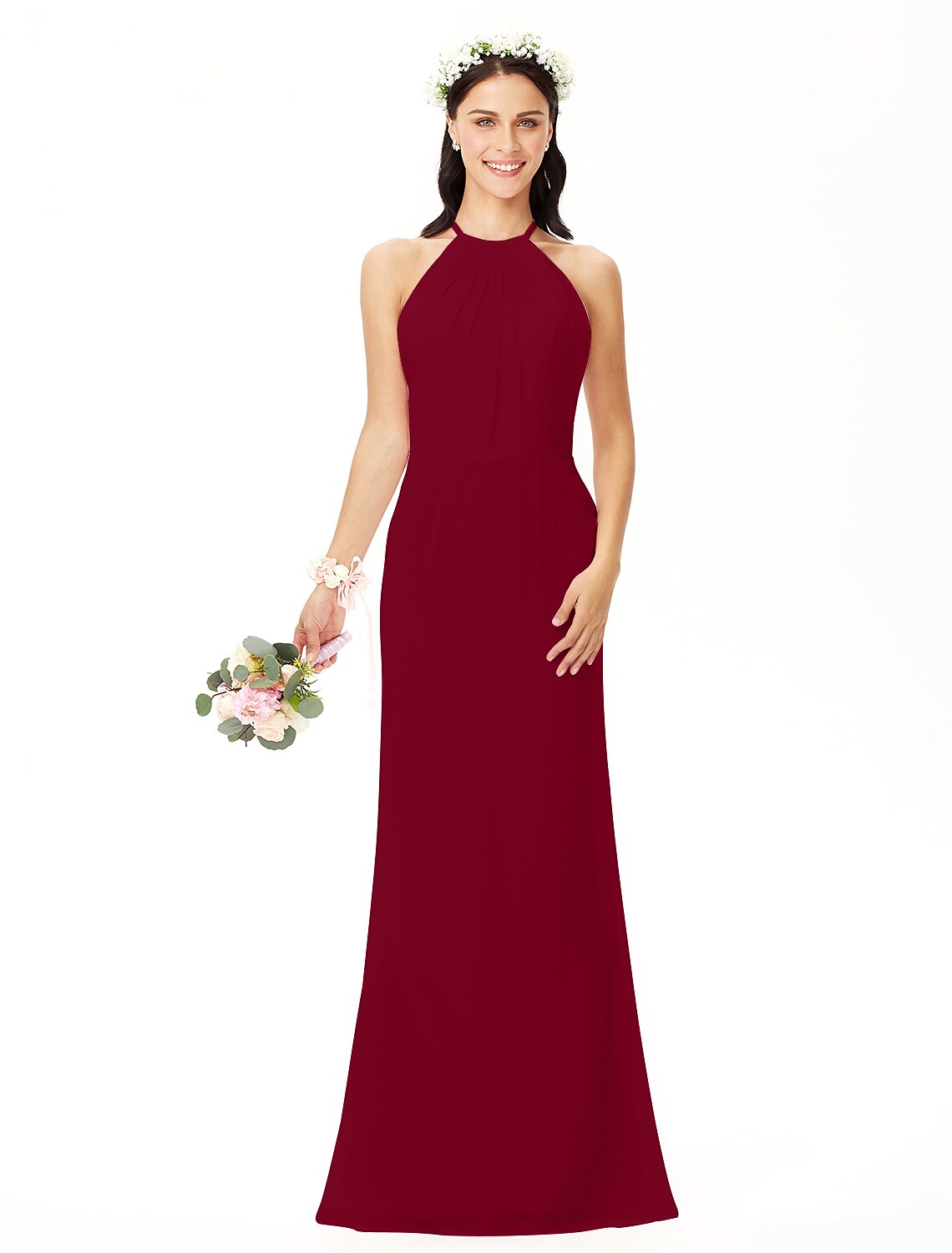 Elegant Sheath Jewel Neck Pleated Chiffon Floor Length Bridesmaid Dress.