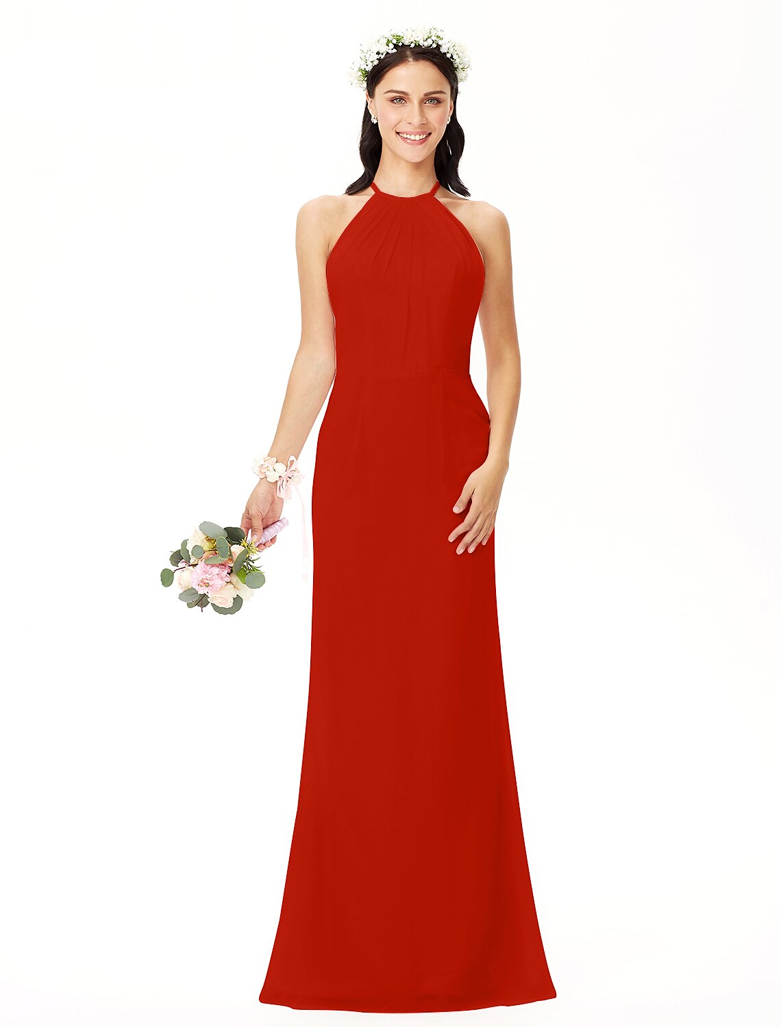 Elegant Sheath Jewel Neck Pleated Chiffon Floor Length Bridesmaid Dress.