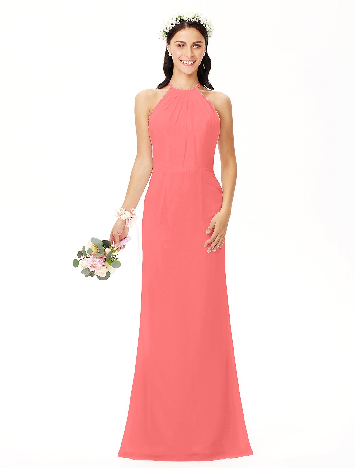 Elegant Sheath Jewel Neck Pleated Chiffon Floor Length Bridesmaid Dress.