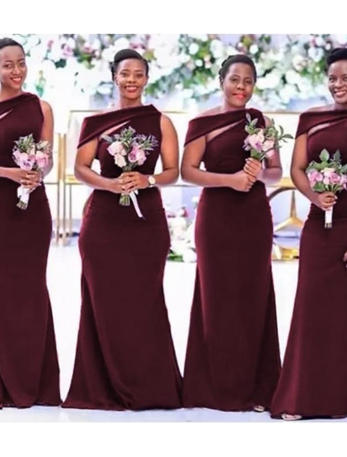 Elegant one shoulder sheath bridesmaid dress with pleats and a sweep train.