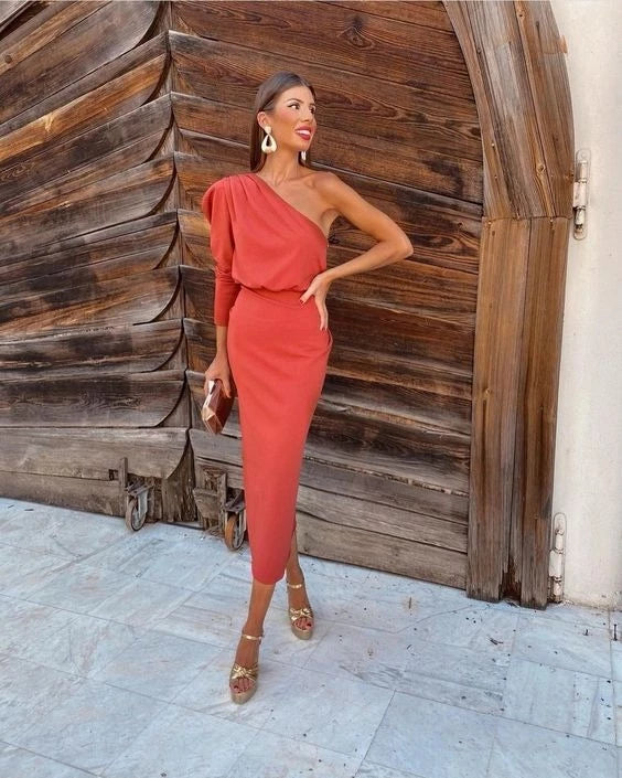 Elegant Sheath One-Shoulder Single-Sleeve Zipper-Back Ruched-Waist Midi-Length Prom Dress
