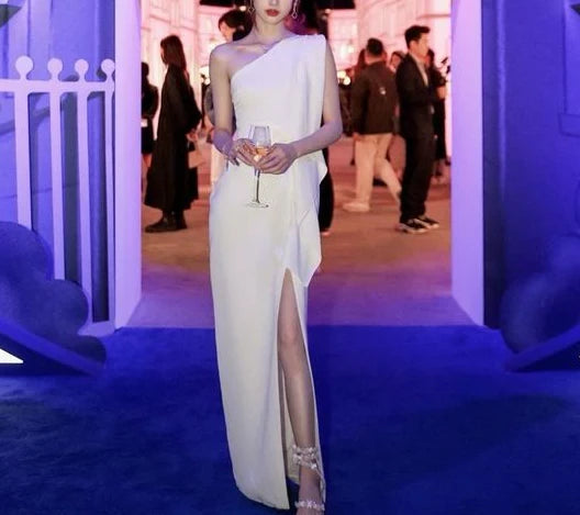 Elegant Sheath One Shoulder Sleeveless Ruched High Slit Floor Length Prom Dress