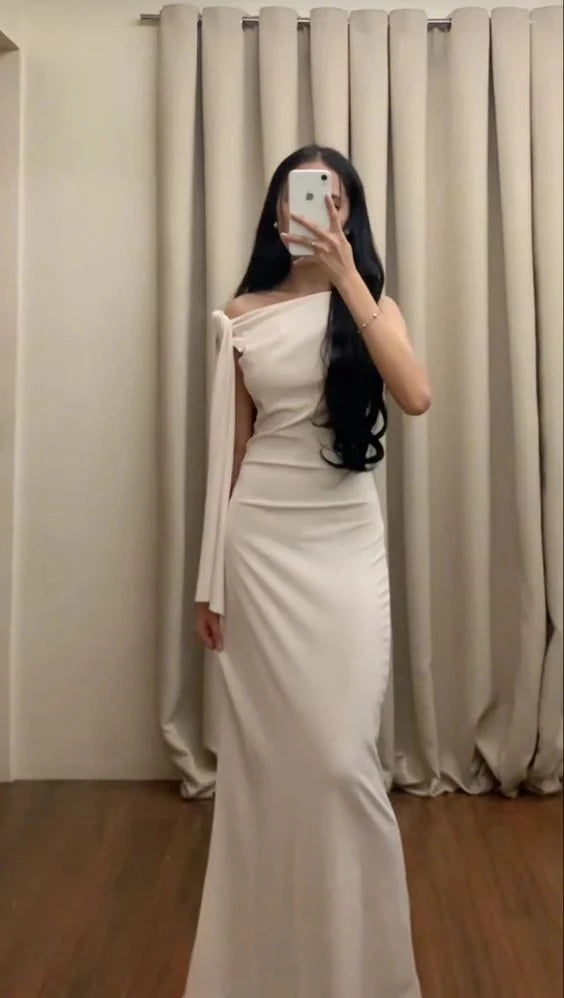 Elegant Sheath One-Shoulder Sleeveless Tie-Detail Floor-Length Evening Dress