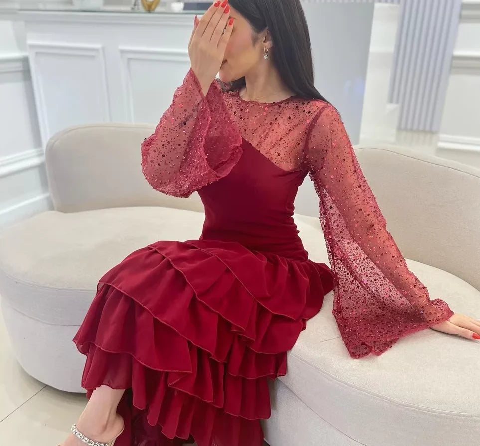Elegant Sheath Round-Neck Bell-Sleeve Ruffled-High-Low Midi-Length Evening Dress