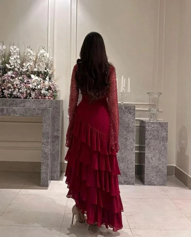 Elegant Sheath Round-Neck Bell-Sleeve Ruffled-High-Low Midi-Length Evening Dress
