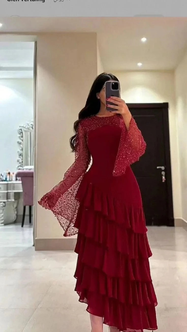Elegant Sheath Round-Neck Bell-Sleeve Ruffled-High-Low Midi-Length Evening Dress