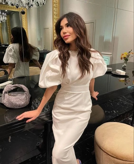 Elegant Sheath Round-Neck Puff-Sleeve Open-Back Beaded-Trim Slit-Detail Midi-Length Prom Dress