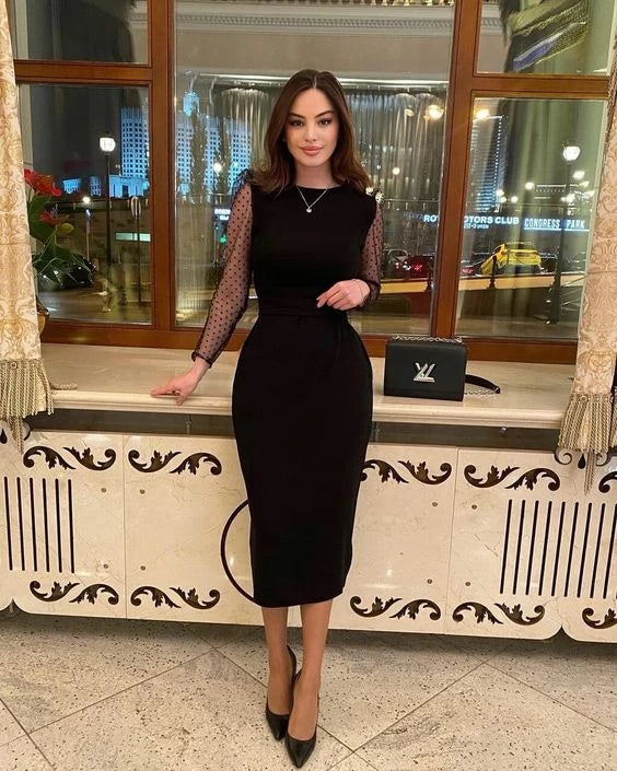 Elegant Sheath Round Neck Sheer Polka Dot Sleeve Open Back Midi Evening Dress