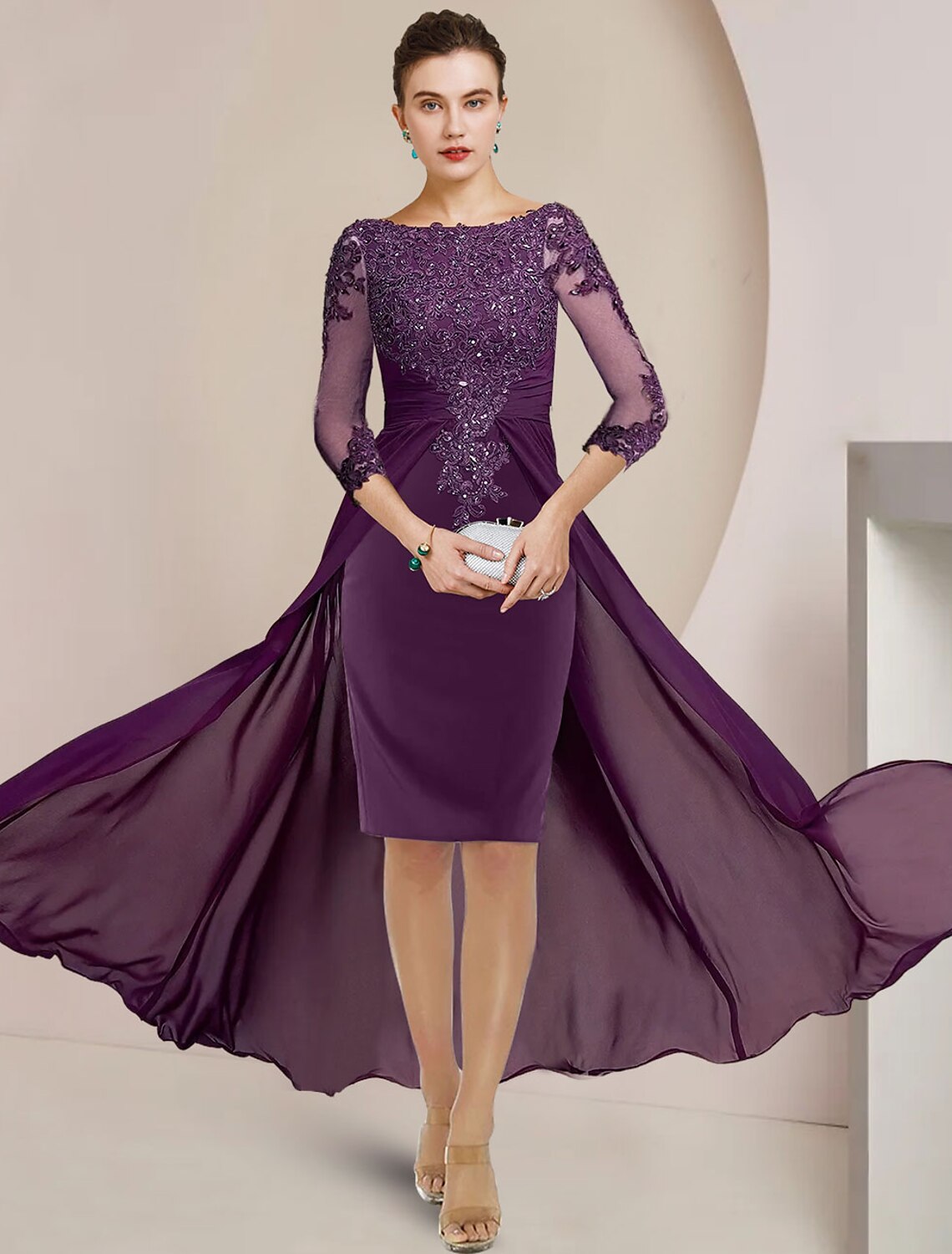 Elegant Sheath Scoop Neck 3/4 Sleeve Lace Beaded Knee Length Mother of Bride Dress.