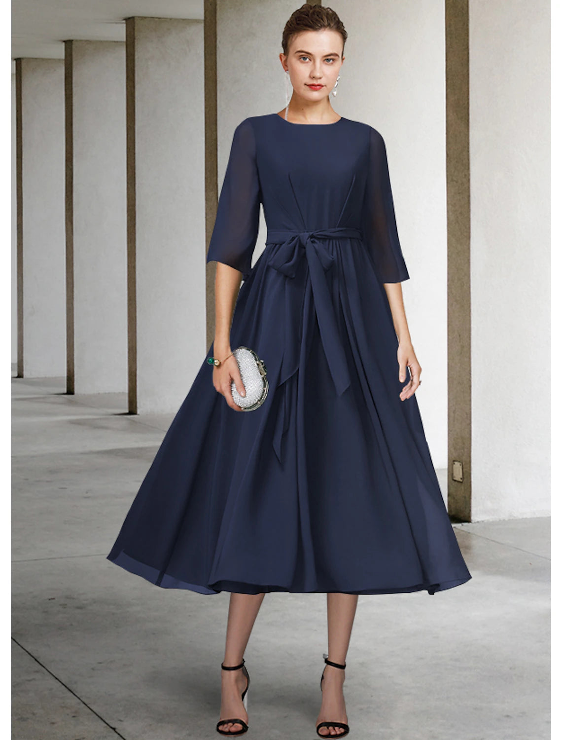 Elegant Sheath Scoop Neck Half Sleeve Tea Length Chiffon Mother of the Bride Dress.