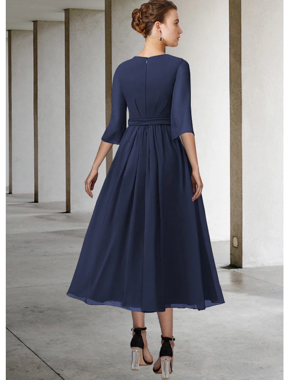 Elegant Sheath Scoop Neck Half Sleeve Tea Length Chiffon Mother of the Bride Dress.