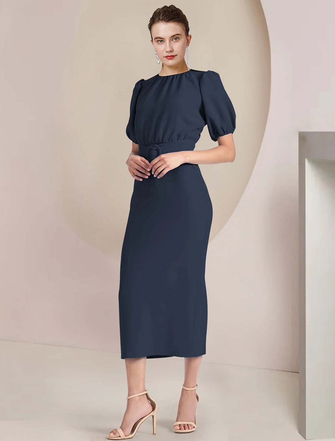 Elegant Sheath Scoop Neck Short Sleeve Tea Length Stretch Chiffon Mother of the Bride Dress.