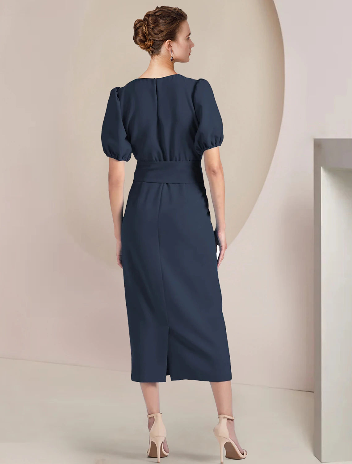 Elegant Sheath Scoop Neck Short Sleeve Tea Length Stretch Chiffon Mother of the Bride Dress.