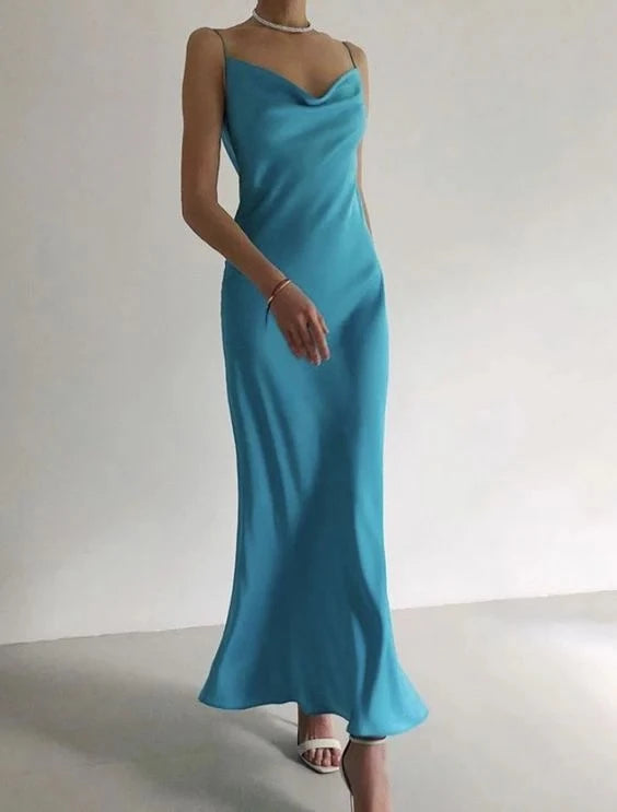 Elegant Sheath Spaghetti Strap Cowl Neck Sleeveless Closed Back Floor Length Prom Dress