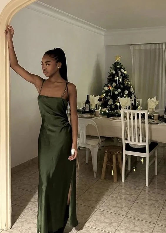 Elegant Sheath Square-Neck Beaded-Strap Sleeveless High-Slit Floor-Length Evening Dress