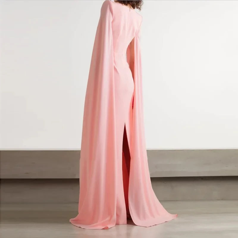 Elegant Sheath Square-Neck Cape-Sleeve Open-Back Slit Floor-Length Evening Dress