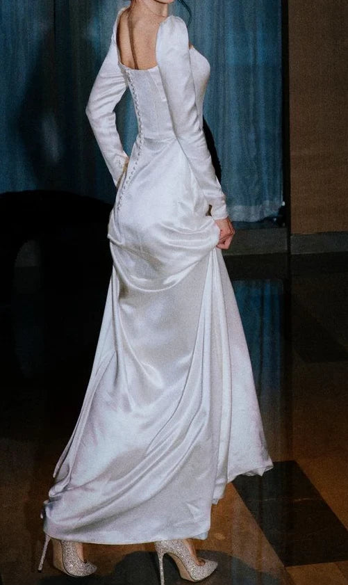 Elegant Sheath Square-Neck Long-Sleeve Button-Back Floor-Length Evening Dress
