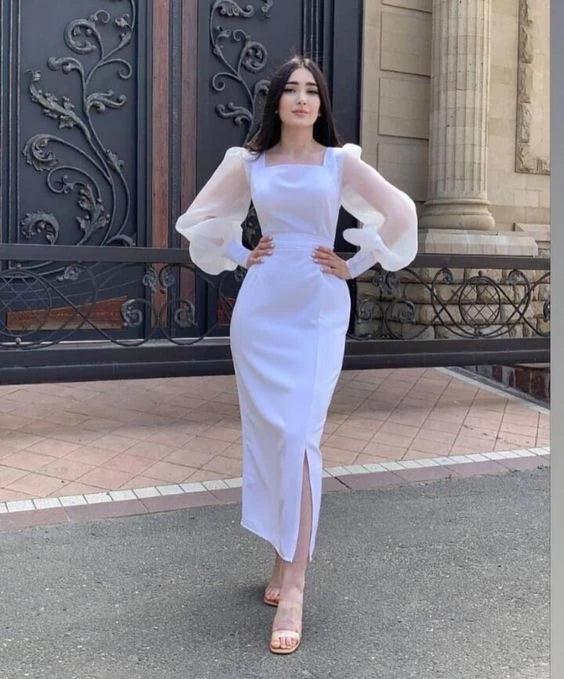 Elegant Sheath Square Neck Puff Long Sleeve High Slit Midi Length Prom Dress