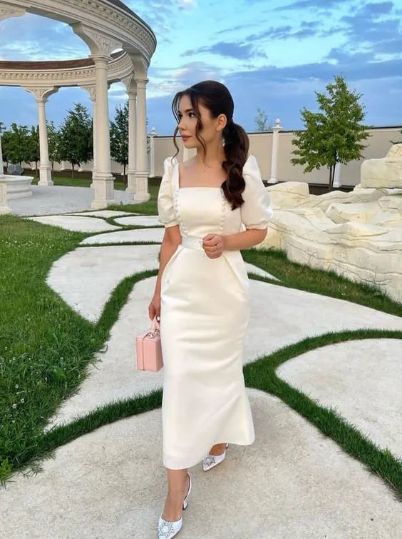 Elegant Sheath Square Neck Puff Sleeve Plain Back Midi Length Formal Evening Dress