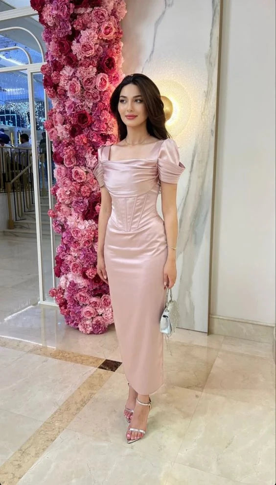 Elegant Sheath Square Neck Puffed-Sleeve Open Back Corset Midi Evening Dress
