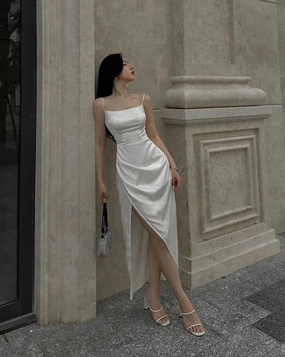 Elegant Sheath Square-Neck Spaghetti-Strap Ruched-Waist Satin-Slit Midi-Length Prom Dress