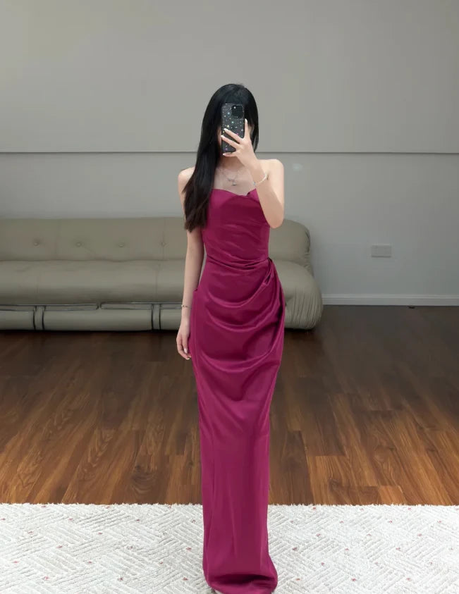 Elegant Sheath Strapless Sleeveless Open Back Ruched Satin Evening Dress