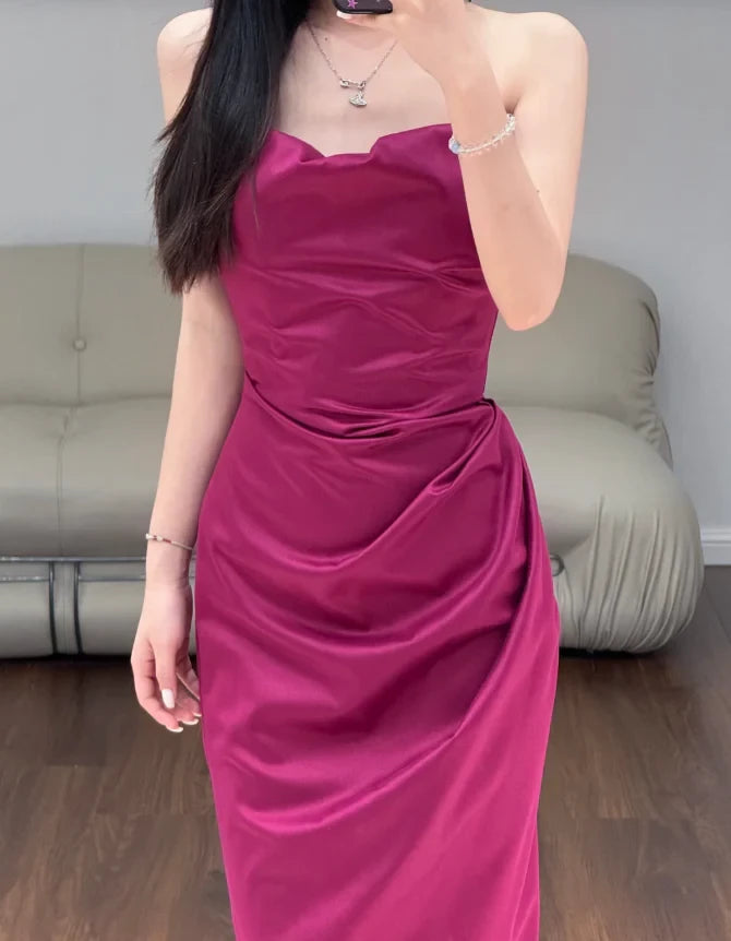Elegant Sheath Strapless Sleeveless Open Back Ruched Satin Evening Dress