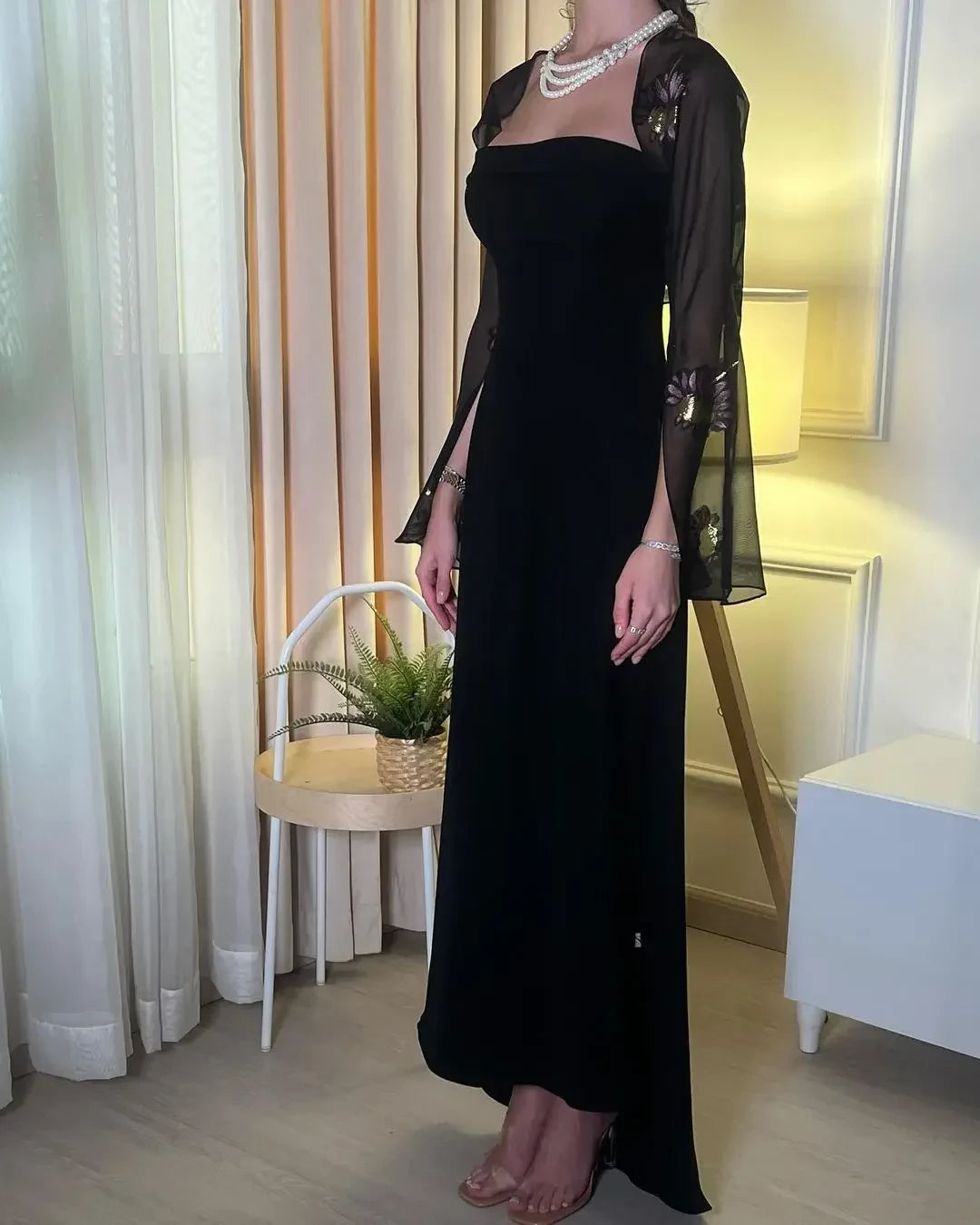 Elegant Sheath Strapless Square-Neck Sheer-Cape Zipper-Back Floral-Embroidered Floor-Length Prom Dress