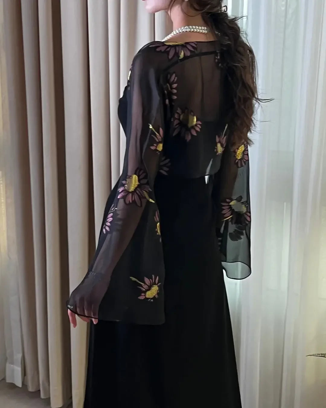 Elegant Sheath Strapless Square-Neck Sheer-Cape Zipper-Back Floral-Embroidered Floor-Length Prom Dress