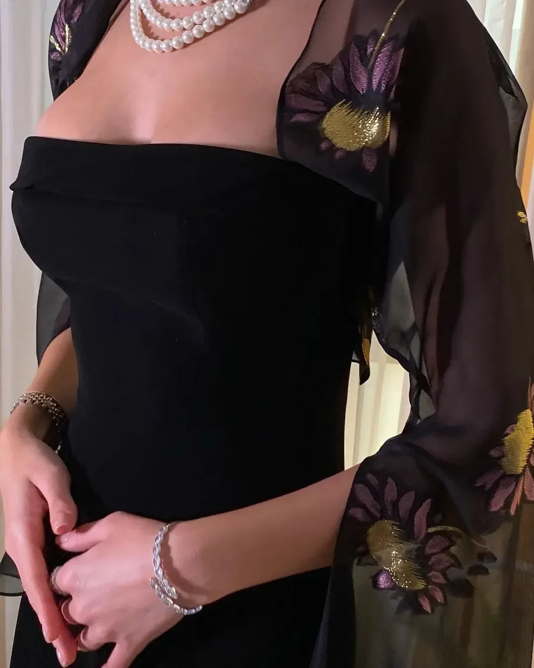 Elegant Sheath Strapless Square-Neck Sheer-Cape Zipper-Back Floral-Embroidered Floor-Length Prom Dress