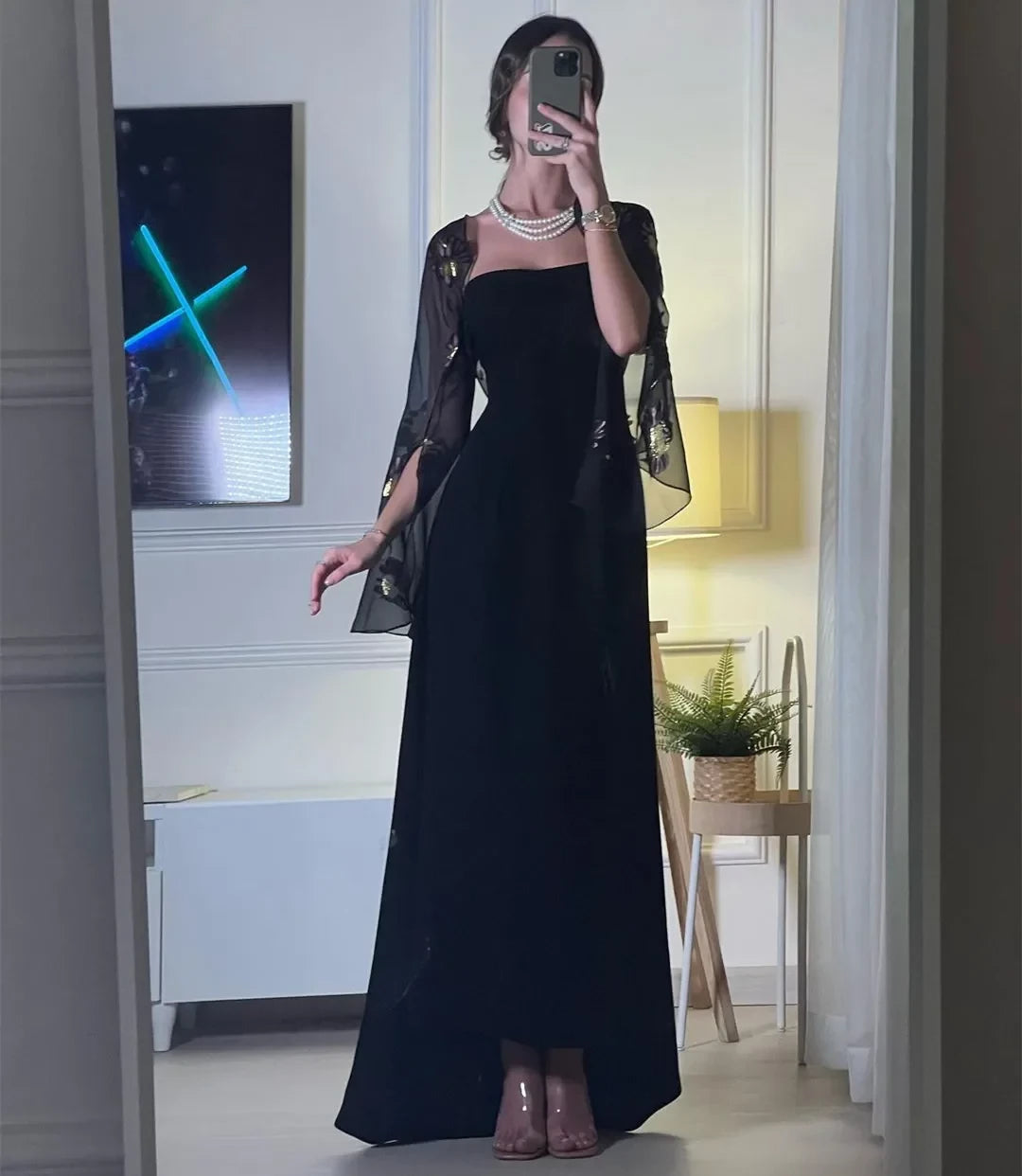 Elegant Sheath Strapless Square-Neck Sheer-Cape Zipper-Back Floral-Embroidered Floor-Length Prom Dress
