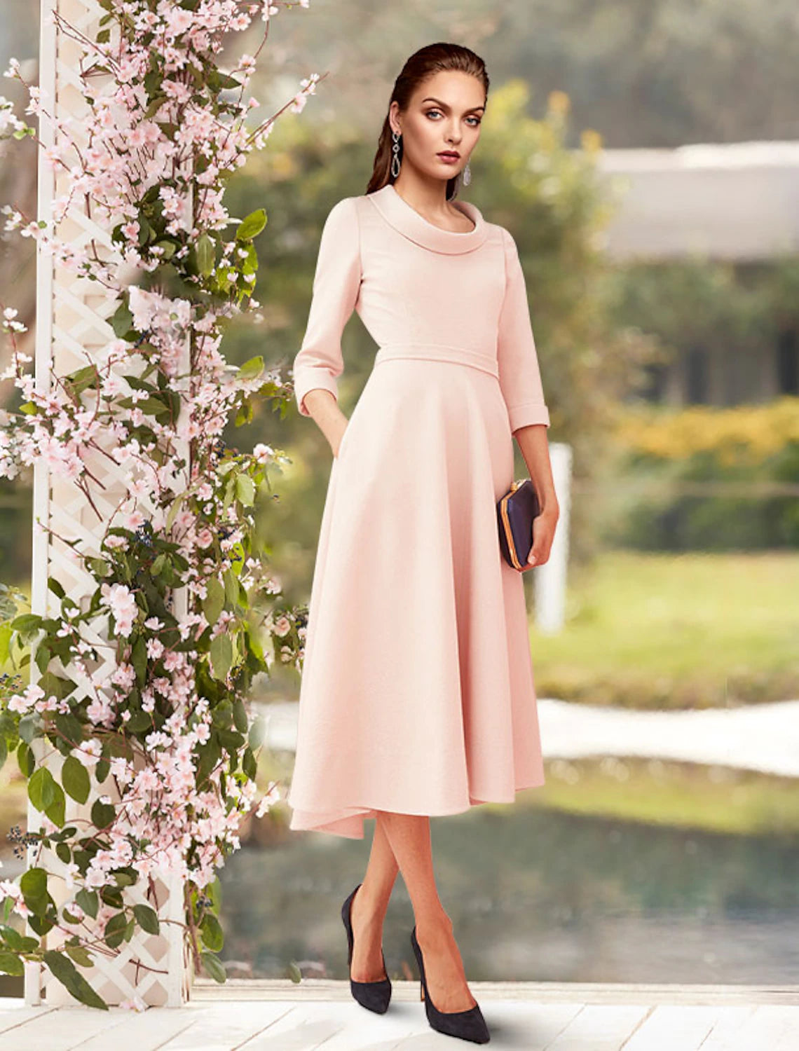 Elegant Sheath Sweet Scoop Neck 3/4 Sleeve Pleated Satin Tea Length Dress.