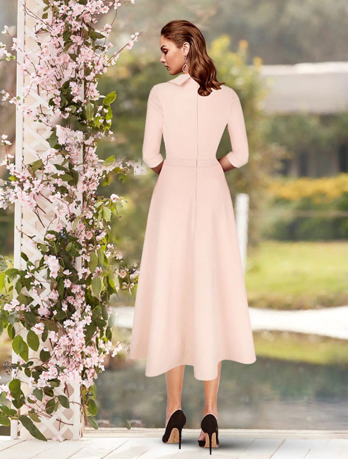 Elegant Sheath Sweet Scoop Neck 3/4 Sleeve Pleated Satin Tea Length Dress.