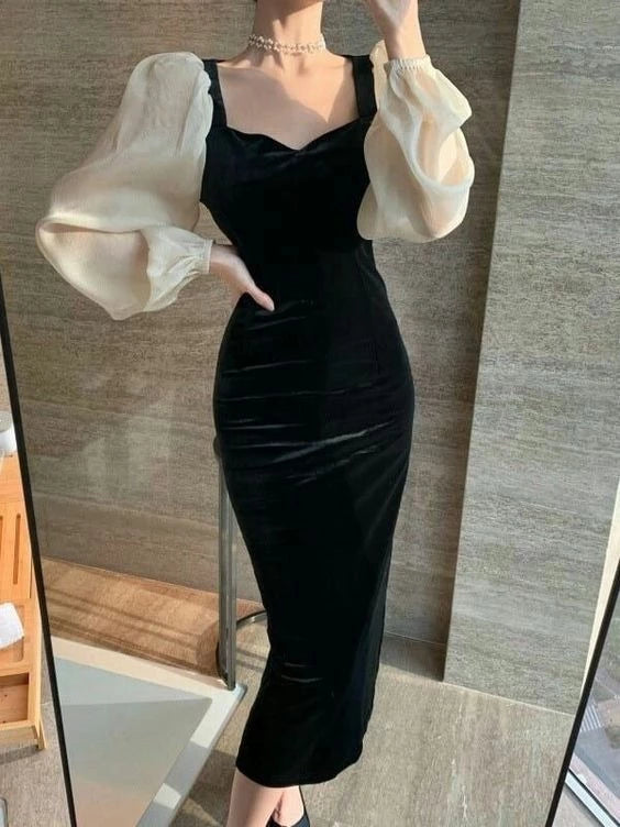 Elegant Sheath Sweetheart Neck Puff Long Sleeve Ruched Midi Length Prom Dress