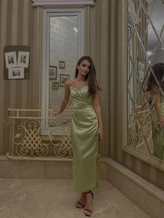 Elegant Sheath Sweetheart Spaghetti-Strap Zipper-Back Ruched-Side Slit-Detail Midi-Length Prom Dress