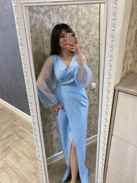 Elegant Sheath V-Neck Beaded-Mesh-Sleeve Wrap-Waist Slit-Detail Floor-Length Prom Dress