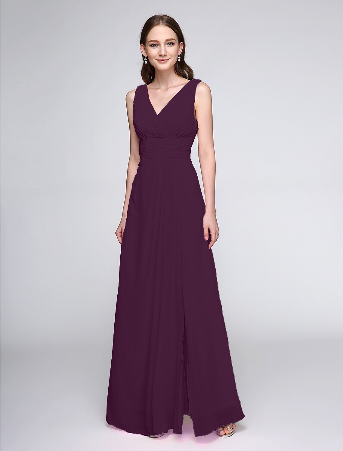 Side profile of a model showcasing the elegant V-neck chiffon bridesmaid dress.