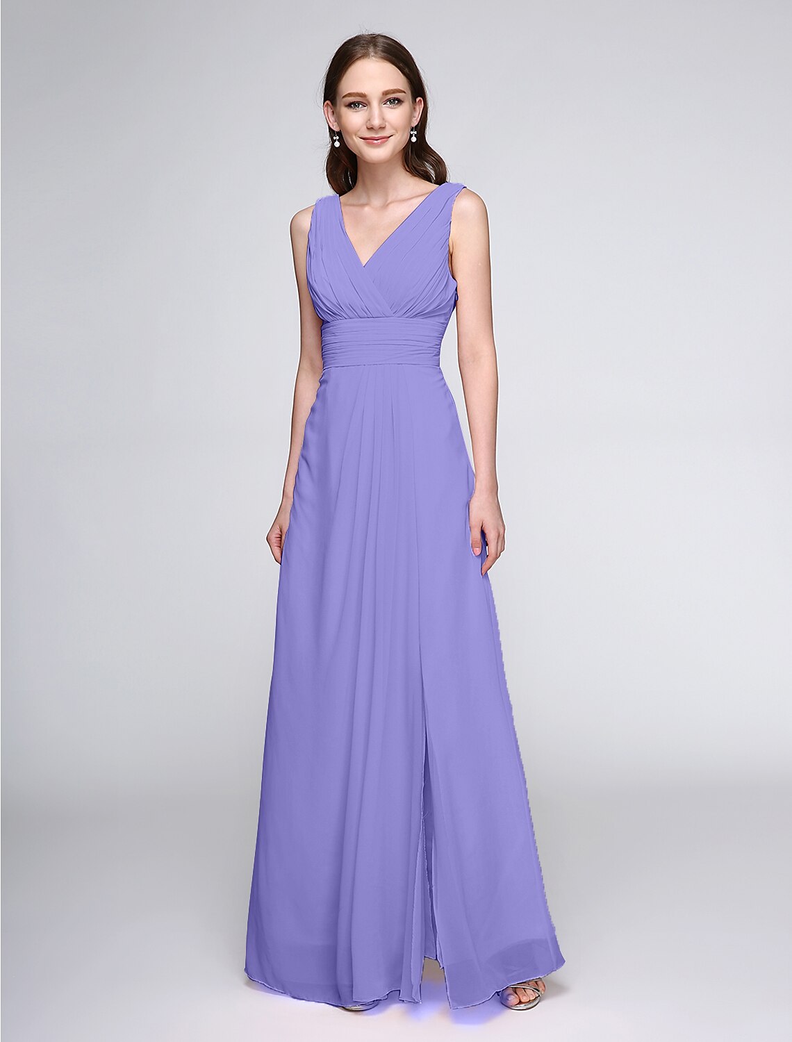 Group of models in various colors of the elegant V-neck chiffon bridesmaid dress.