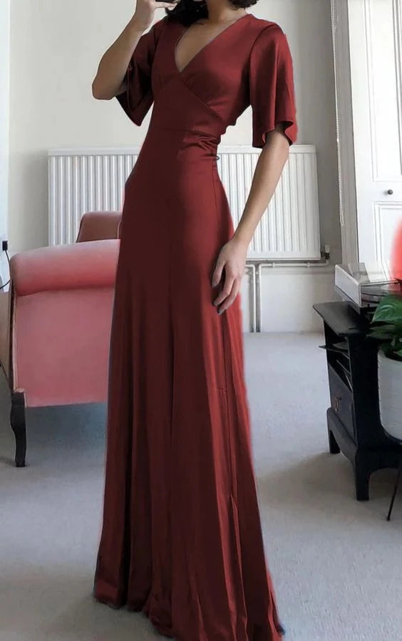 Elegant Sheath V-Neck Flutter-Sleeve Zipper-Back Ruched-Waist Slit-Detail Floor-Length Prom Dress