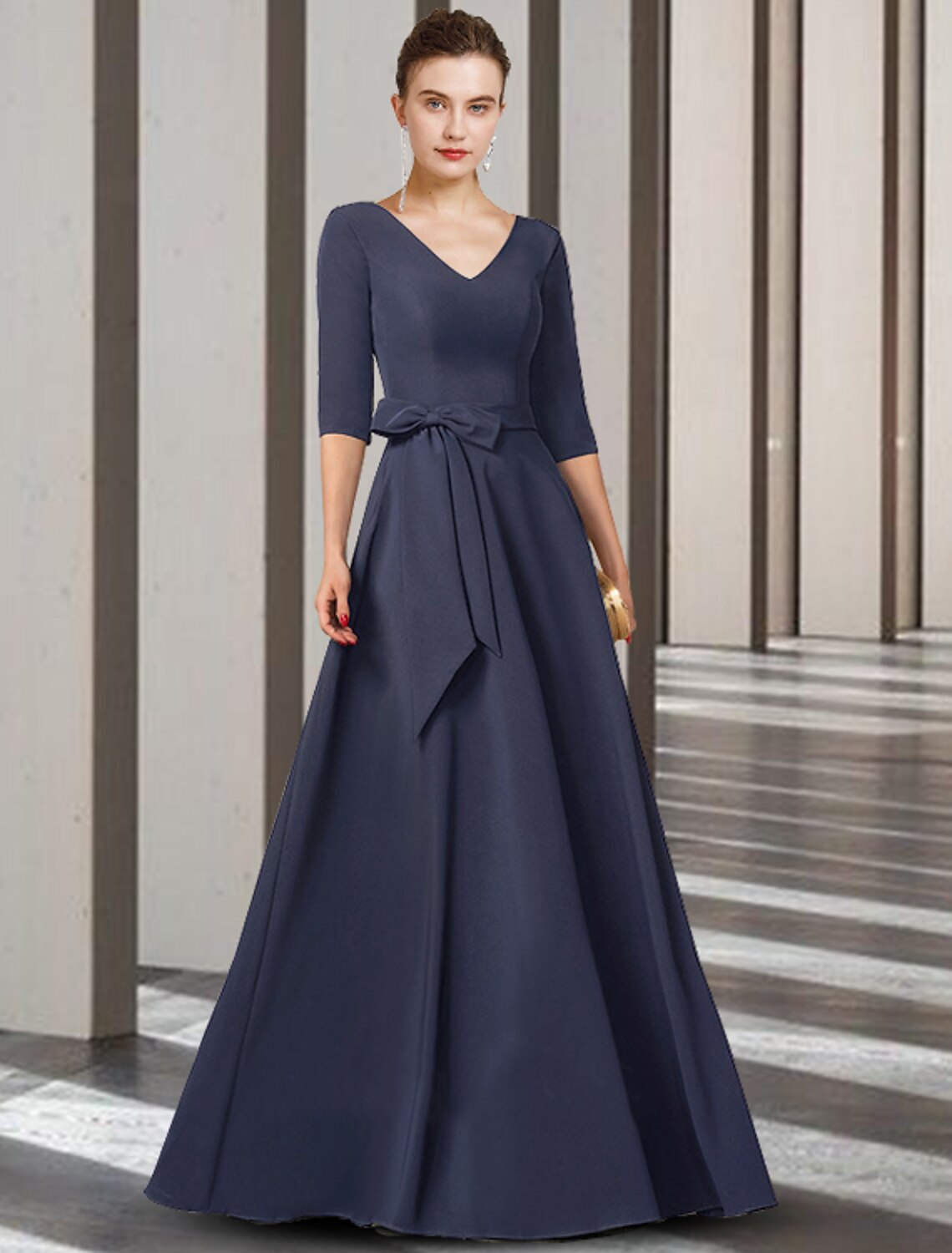 Elegant sheath V-neck mother of the bride dress with bows and pleats.