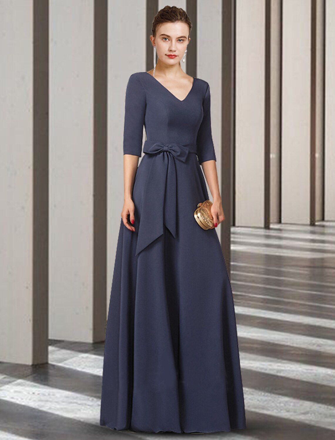 Elegant sheath V-neck mother of the bride dress with bows and pleats.