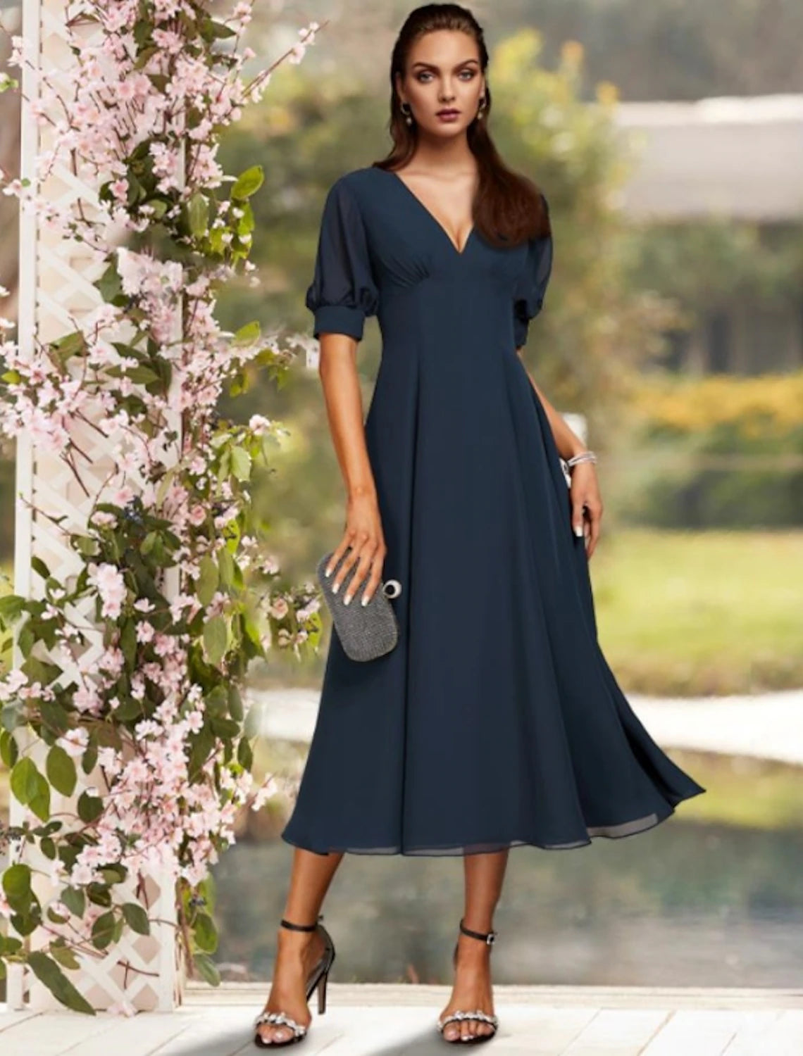 Elegant Sheath V-Neck Short Sleeve Ruched Tea Length Mother of the Bride Dress.