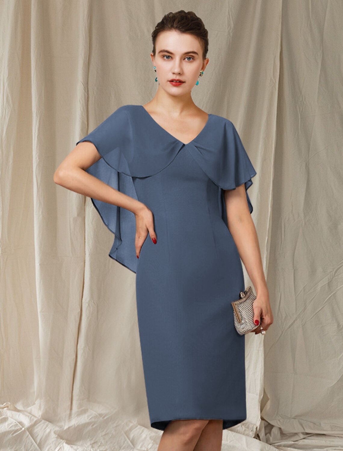 Elegant Sheath V-Neck Short Sleeve Ruffled Chiffon Knee-Length Mother of the Bride Dress.