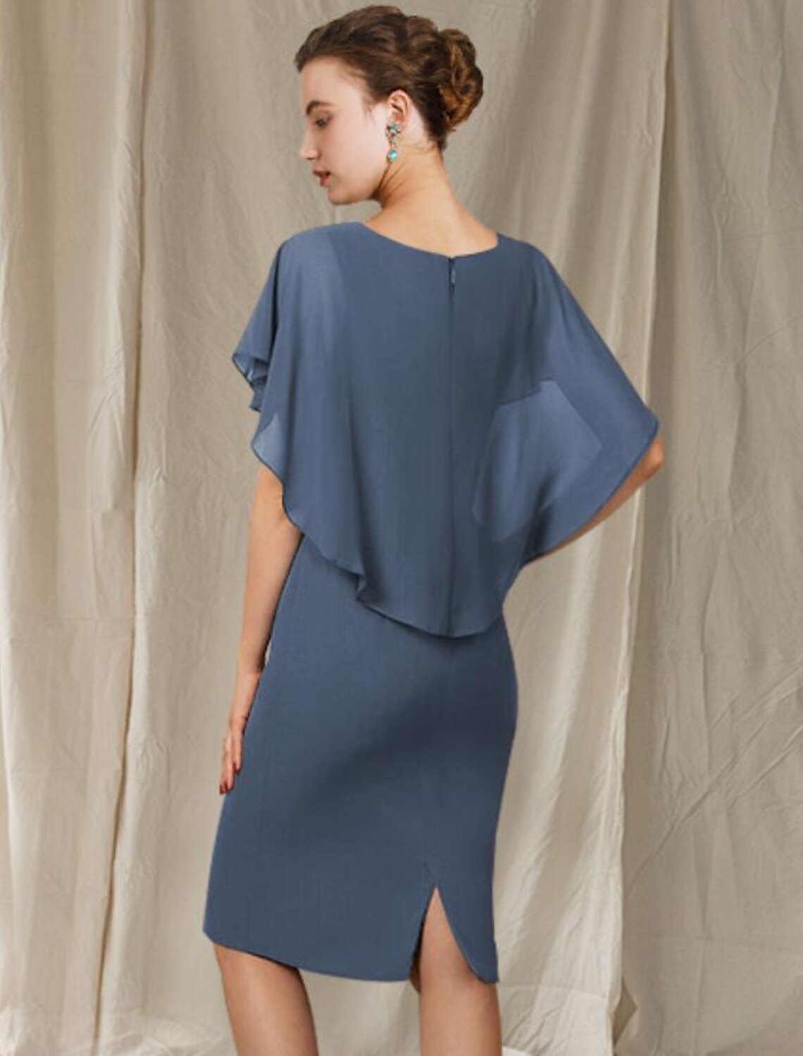 Elegant Sheath V-Neck Short Sleeve Ruffled Chiffon Knee-Length Mother of the Bride Dress.