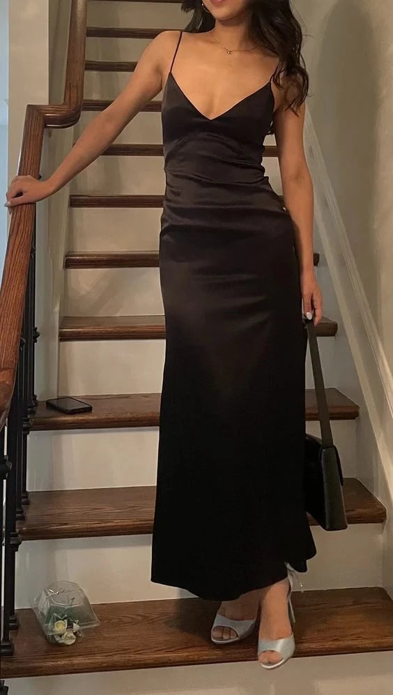 Elegant Sheath V-Neck Spaghetti-Strap Zipper-Back Ruched-Waist Satin-Finish Ankle-Length Prom Dress