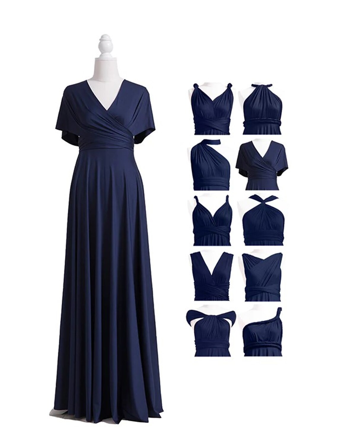 Elegant blue spandex sheath V-neck convertible pleated floor length bridesmaid dress.