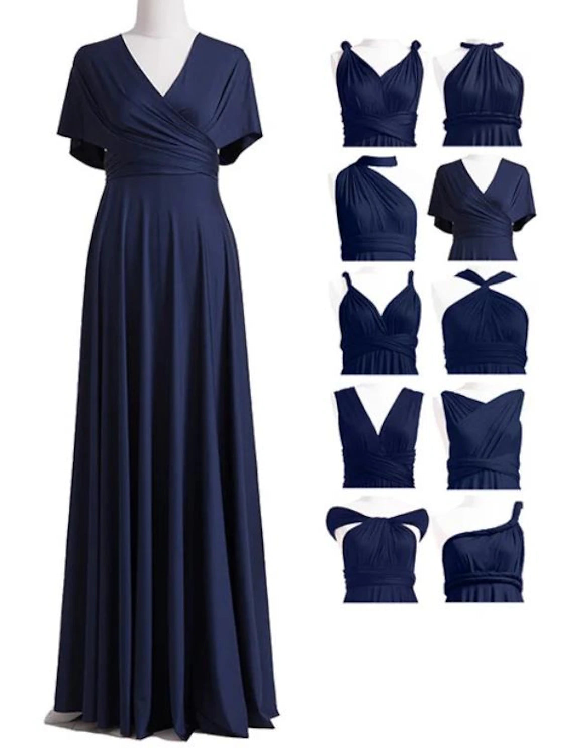 Woman wearing a versatile blue V-neck pleated spandex bridesmaid gown.