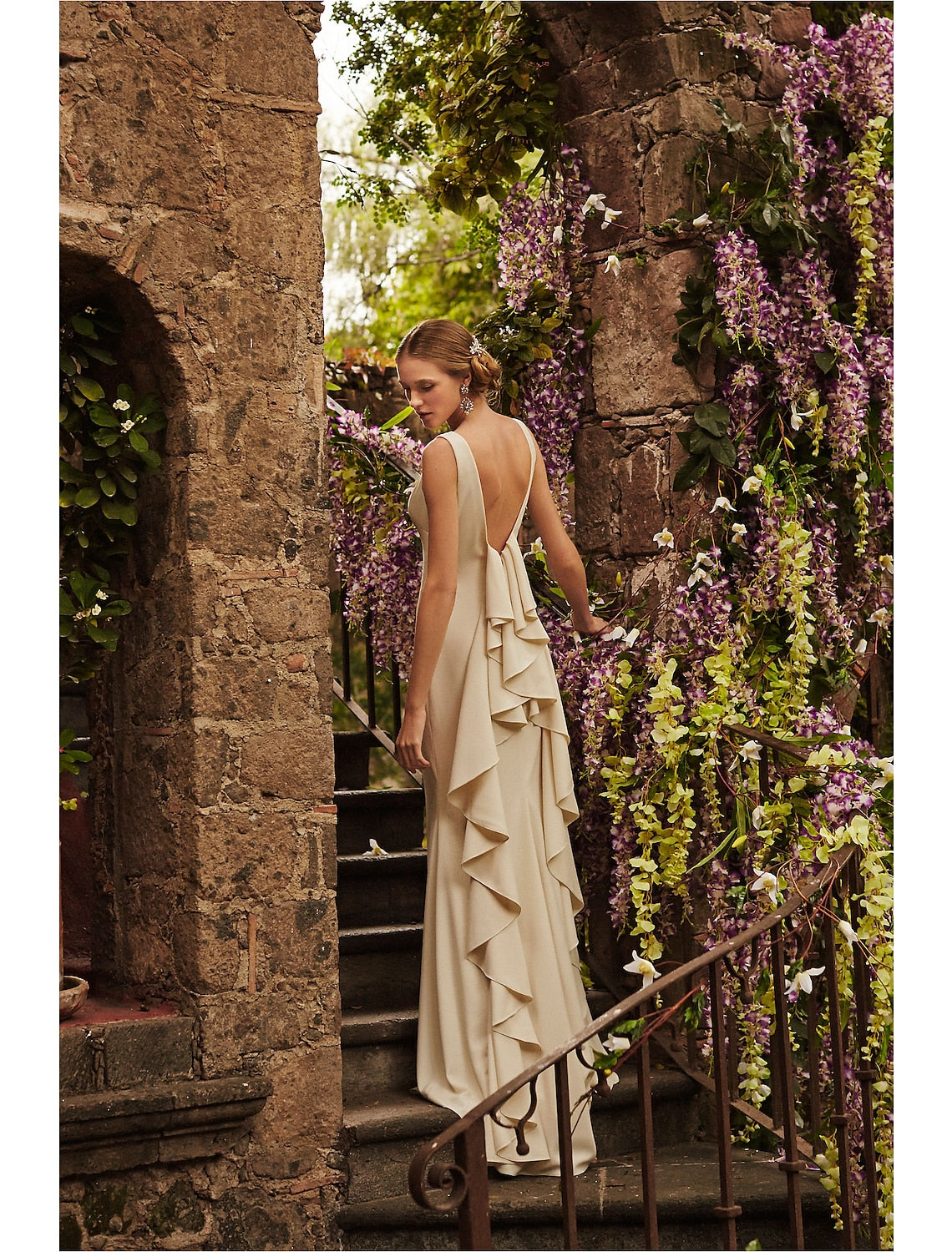 Elegant Stretch Sheath Column Scoop Neck Open Back Draping Wedding Dress.