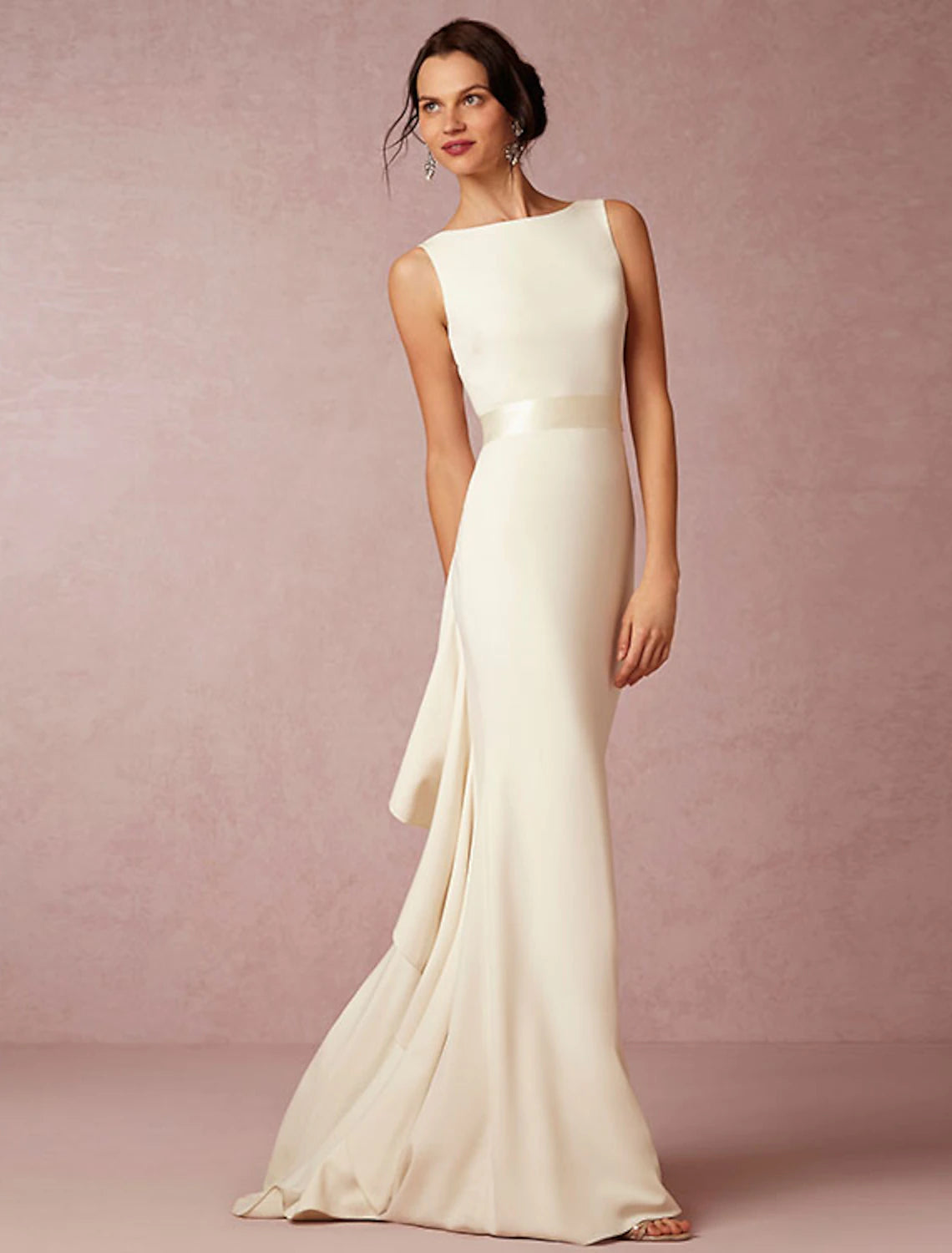 Elegant Stretch Sheath Column Scoop Neck Open Back Draping Wedding Dress.